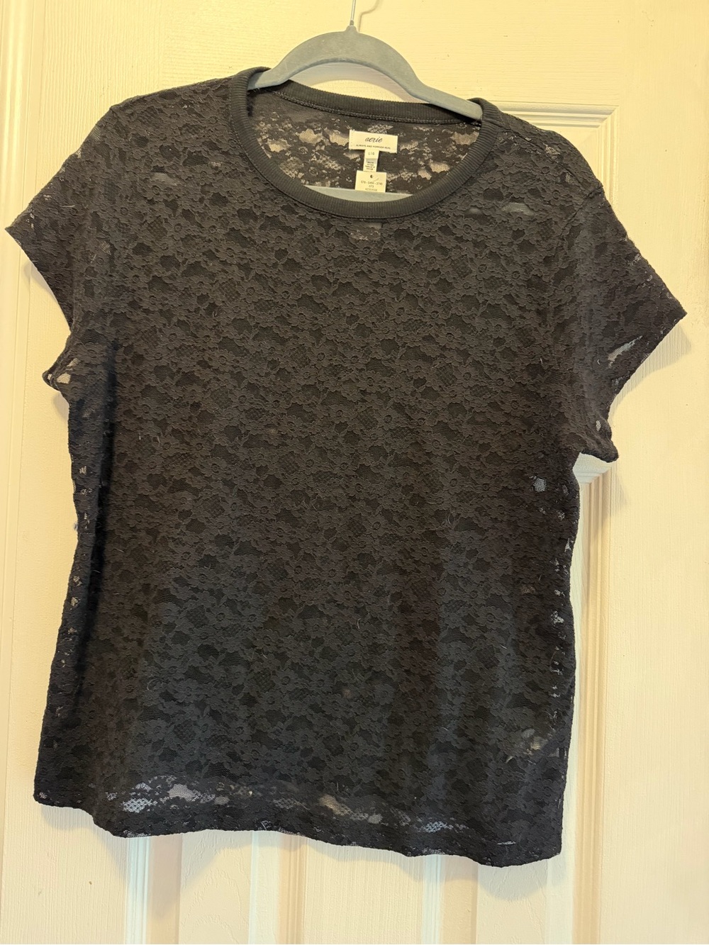 aerie Black Floral Lace Short Sleeve Tee